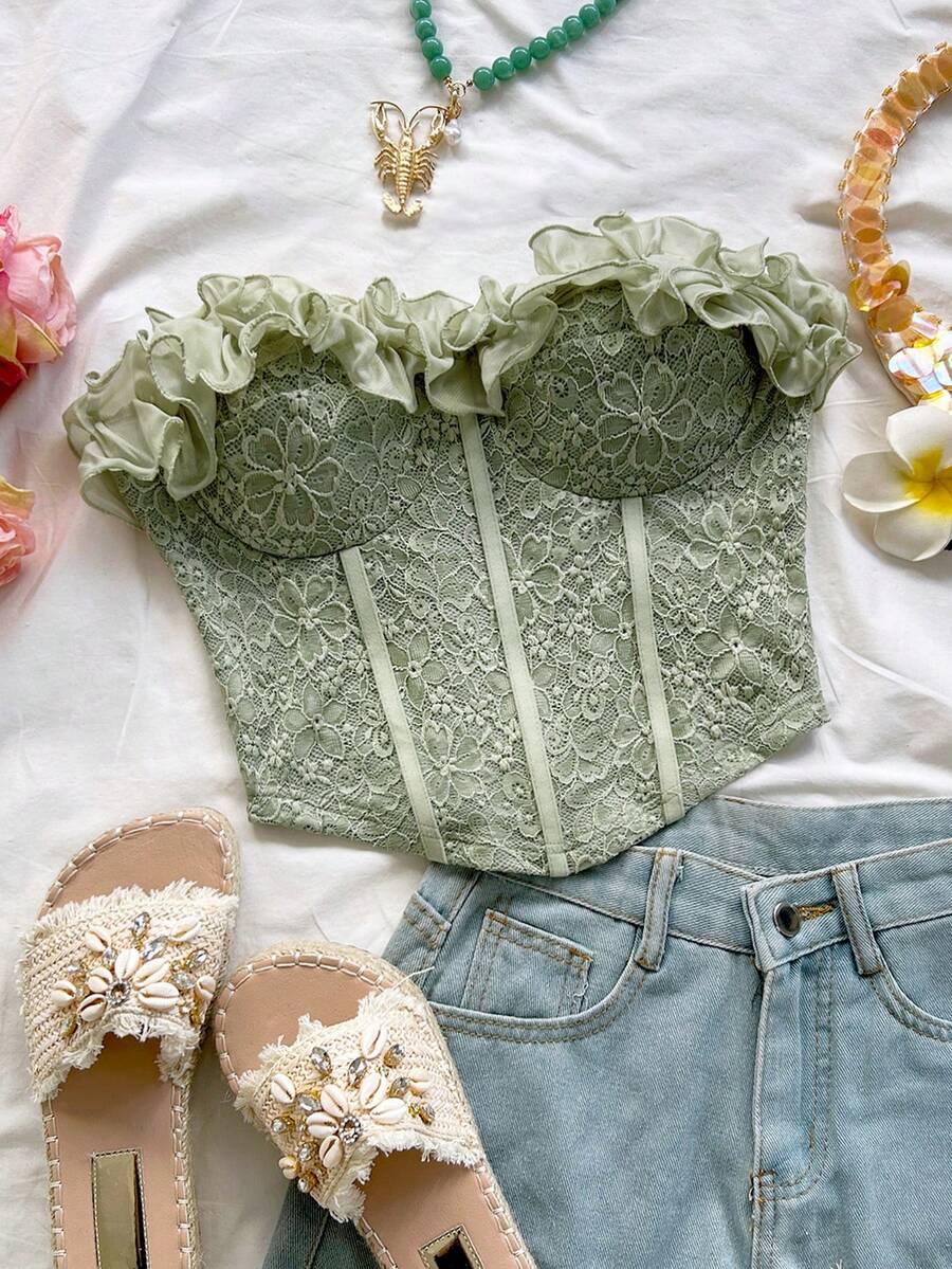 Soleia Top tubo ajustado con volantes romántico y sexy, adecuado para vacaciones, citas, San Valentín, tarde de té - Verde - Ver 1