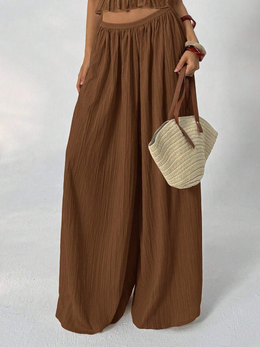 Aloruh Summer Loose Textured Casual Pants - Brown - View 1
