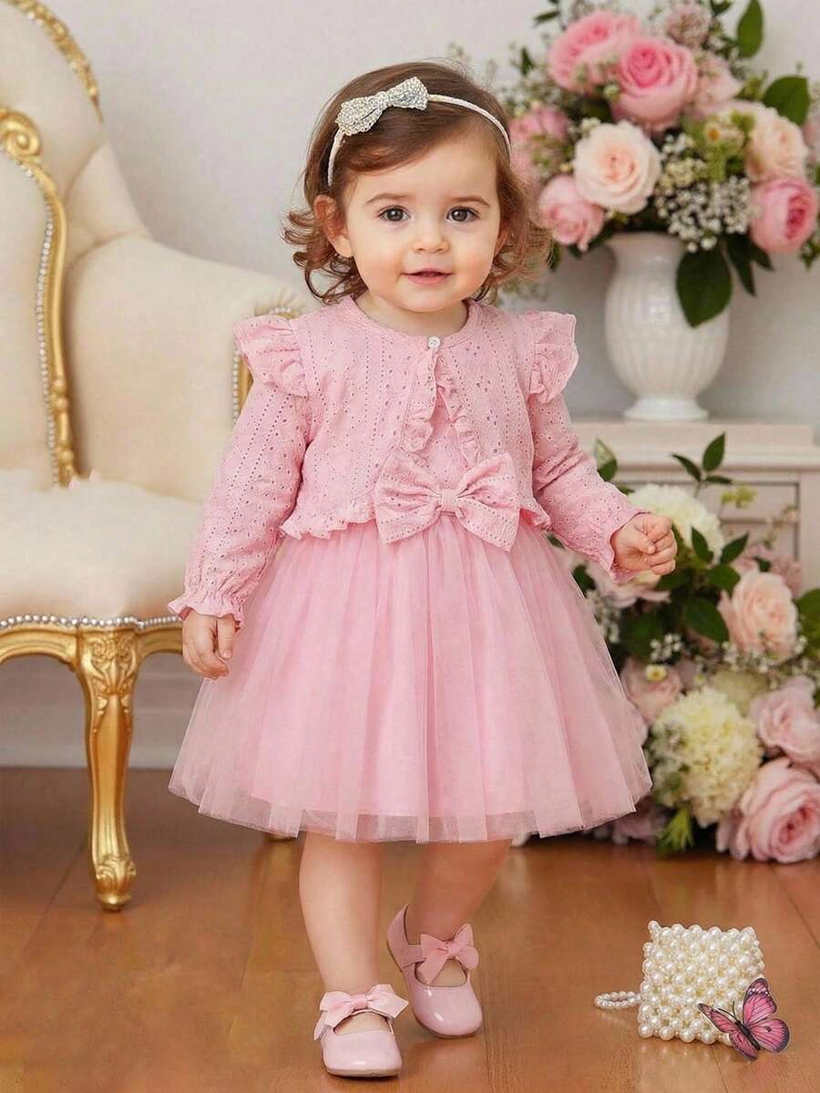 SHEIN 两件套女婴甜美公主裙套装，粉色荷叶边袖外套+无袖连衣裙，松紧腰蝴蝶结设计，时尚百搭，适合日常穿着 - 粉色 - 查看 1