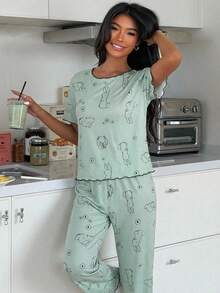 两件套少女睡衣套装，可爱兔子印花针织上衣搭配荷叶边印花长裤，舒适休闲家居服，2026春夏款 - 綠色 - 查看 4