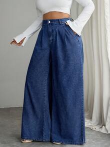 SHEIN EZwear 女士休闲褶皱宽松阔腿牛仔裤，适合日常通勤 - 深色水洗藍 - 查看 2