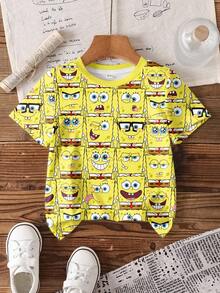 SpongeBob SquarePants | SHEIN 男婴圆领印花休闲日常短袖上衣 - 白色 - 查看 1