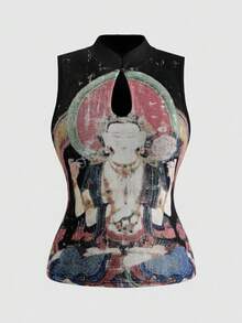 ROMWE Spring/SummergraphicNew Chinese Style Buddha Painting & Floral Print Women Top - Multicolor - View 1