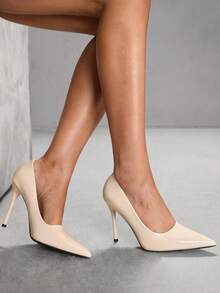 CUCCOO SZL Women's Solid Color Pointed Toe Minimalist High Heel Pumps, Casual Everyday Wear Spring Shoes Spring Break Easter For Christmas Valentine's Day Spring Shoes - Lacquered milk apricot - View 4