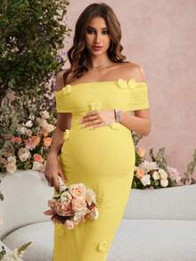 SHEIN Maternity Off Shoulder Floral Decor Casual Everyday Vacation Dress - Yellow - View 6