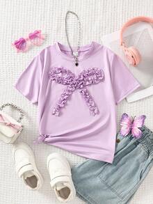 Sparklyn Girls' Summer Solid Color Short Sleeve Casual T-Shirt With Bow Decor, Round Neck  T Shirts For Nine Year Old Girls Tween Girl Clothes T Shirt Girl Purple Top Kids Girls Purple Tops Teen Girl Breathable Short Sleeve Shirt Tshirt For Girl - Mauve Purple - View 5