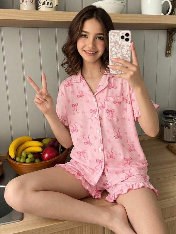 Conjunto de pijama para niñas preadolescentes, cómodo y de moda con estampado de cerezas, ribete de volantes, elegante de manga corta y pantalones cortos de 2 piezas