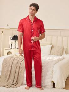 Men's Heart Embroidery Pocket Striped Jacquard Short Sleeve Pajama Set - Hot Pink - View 2