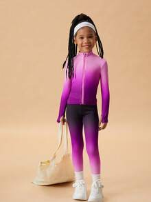 SHEIN 2pcs/Set Girls Sports Outfit, Elastic Fitted Zip-Up Jacket And High Waist Skinny Sports Pants, Suitable For Yoga, Tennis, Badminton, Outdoor Activities And Daily Training - Violet Purple - View 4