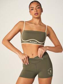 Missguided x Playboy High Waisted Cycling Active Shorts With Logo Print And Contrast Trim Detail For Performance Training And Athletic Wear - Green - View 3