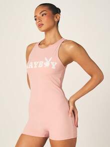 Missguided x Playboy Logo Cut Out Back Athletic Jumpsuit With Racerback Design Short Romper For Summer Activewear Casual Outfits - Pink - View 6