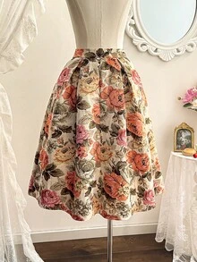 Vintamour 复古优雅女士花卉油画提花纹理半身裙，适合节日派对、婚礼宾客等场合，棕色，夏季假期、春季女士春假、情人节等场合穿着。 - 杏色 - 查看 6