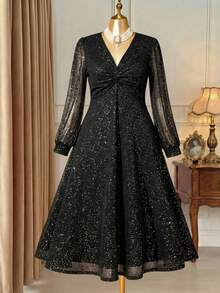 DreamSkyne 大码时尚金属扭纹细节中长连衣裙，秋季长款女装 - 黑色 - 查看 3