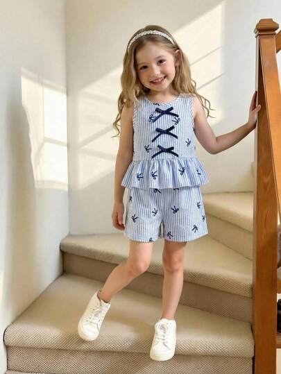 Young Girl Summer Casual Striped Bow Decor Vest And Shorts Set