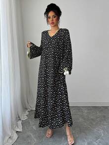 Yasmyna 女士印花宽松长袖阿拉伯连衣裙 - 黑色 - 查看 6