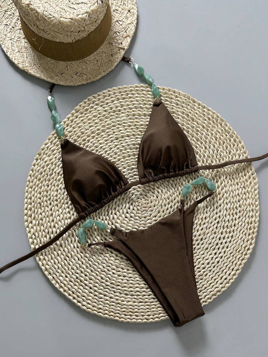 Swim Vcay 2026春夏款细肩带棕绿色树脂珠饰高开衩丁字裤比基尼两件套泳衣（女款） - 棕色 - 查看 1