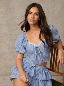 WESTFADE Women's Blue And White Stripe Modest Sweetheart Neck Tie Front Puff Sleeve Fitted Crop Top,Summer Vacation Resort Wear,Boho Western Nashville Clothes - Blue - View 4