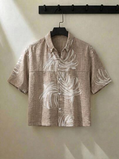 ESTAVOR Men's Tropical Plant Print Single-Breasted Short Sleeve Shirt, Spring/Summer