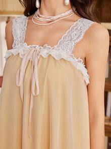 SHEIN 2pcs Lace & Mesh Patchwork Camisole Pajama Set, Summer - Yellow - View 2