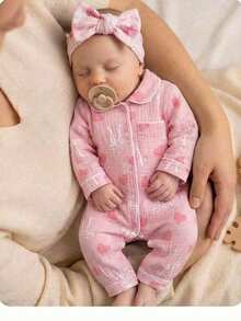 Newborn Baby Girl Cute Casual Pink Bow Pattern Lapel Romper - Multicolor - View 1