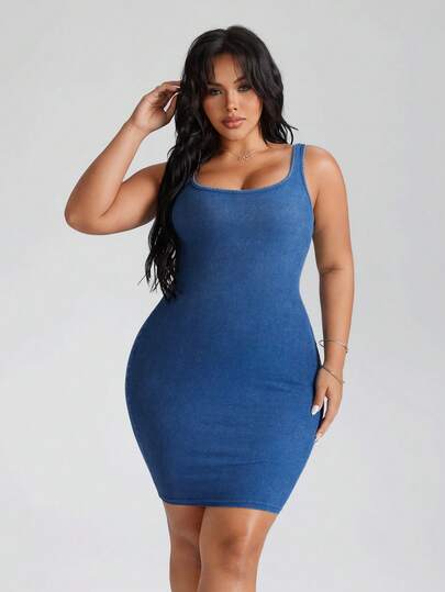 SHEIN CURVE+ فستان جينز مناسب للمقاسات الكبيرة، بياقة على شكل حرف U، بدون أكمام، بحمالات واسعة، صيفي عادي