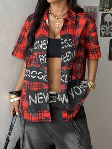 StreetHx Women's Red Plaid Brooch Letter Print Distressed Loose Retro Short Sleeve Shirt, Casual Versatile - Red - View 4