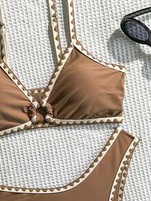 Swim Basics مجموعة بكيني ثلاثية قطع للنساء بخصر منخفض وتريم من أصداف البحر، بألوان صلبة وأشرطة قابلة للتعديل، موديل جديد لصيف - متعدد الألوان - مشاهدة 5