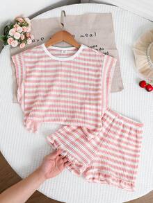 SHEIN Bộ áo thun cổ tròn in sọc và quần short cho bé gái, kiểu dáng thường ngày. - Nhiều màu - Xem 2