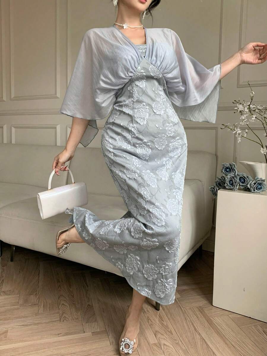 DAZY Đầm dài kiểu Trung Quốc tối giản, thắt eo, nhẹ nhàng dành cho nữ, mùa hè, đầm dự tiệc cưới, đầm hè. - Xám Xanh - Xem 1