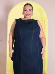 Pretty and Ole 大码女式四季皆宜优雅蓝色修身牛仔连衣裙，非常适合新年装扮，尽显老钱风范。 - 藍色 - 查看 4