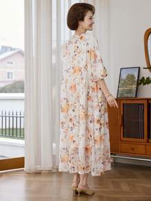 Vivie Lora 女士宽松圆领中长款印花连衣裙，波西米亚风 - 黃色 - 查看 6