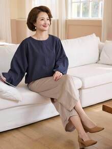 Livesso Women's Loose Plaid Batwing Sleeve Shirt - Blue - View 4