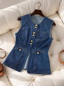 GlowEve Women's Casual Fashion Street Chic Daily Commute Single-Breasted Sleeveless Denim Vest Jacket, Summer - Blue - View 3