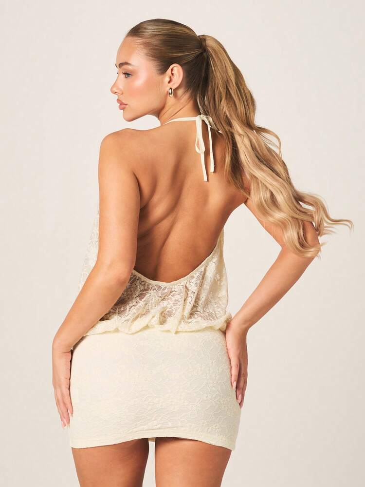 MISSGUIDED Halter Neck Lace Mini Dress With Backless Design And Gathered Waist Detail For Evening Party Occasions