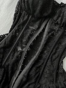 Attitoon 女士休闲复古束身蕾丝紧身不对称下摆迷你连衣裙，适合Y2K风格 - 黑色 - 查看 9