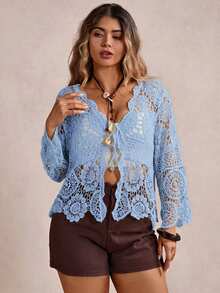 Freevana Cárdigan de manga larga con abertura, unicolor, talla grande, para usar de vacaciones - Celeste - Ver 5