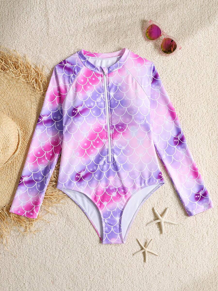 Tween Girl Casual Minimalist Round Neck Long Sleeve One-Piece Swimsuit, Neon Heart Print One-Piece Swimsuit For Summer Girls Long Sleeve Bathing Suit Long Sleeve Swimwear Swimming Suits For Girls Rash Guard For Kids Girl Swim Suit For Tweens  For Kids Cute Bathing Suits For Girls Kids Swimwear Girl Rash Guard Kids Active Wear Girls Swimwear Rash Guard - Pink - View 1