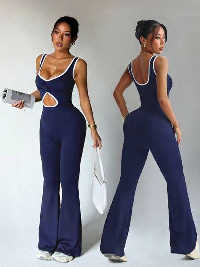 Dewbera Women's Black Jumpsuit Flare Pants For Spring/Summer, Front Contrast Splice Ruched Hollow Out, High Waist U-Neck U-Back, Suitable For Casual, Gym, Yoga, Running