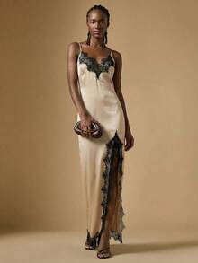 Briarwyn 女士吊带蕾丝拼接高开衩连衣裙，女士夏季连衣裙，夏季穿搭，女士夏季穿搭，女士春季连衣裙，女士情人节穿搭，女士优雅派对礼服，女士婚礼宾客礼服，婚礼派对礼服 - 卡其色 - 查看 4