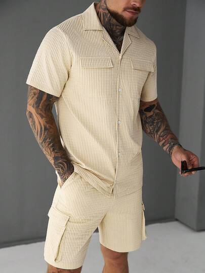 SLATEMANN Men's Summer Casual Solid Color Button-Front Short Sleeve Shirt And Shorts Set
