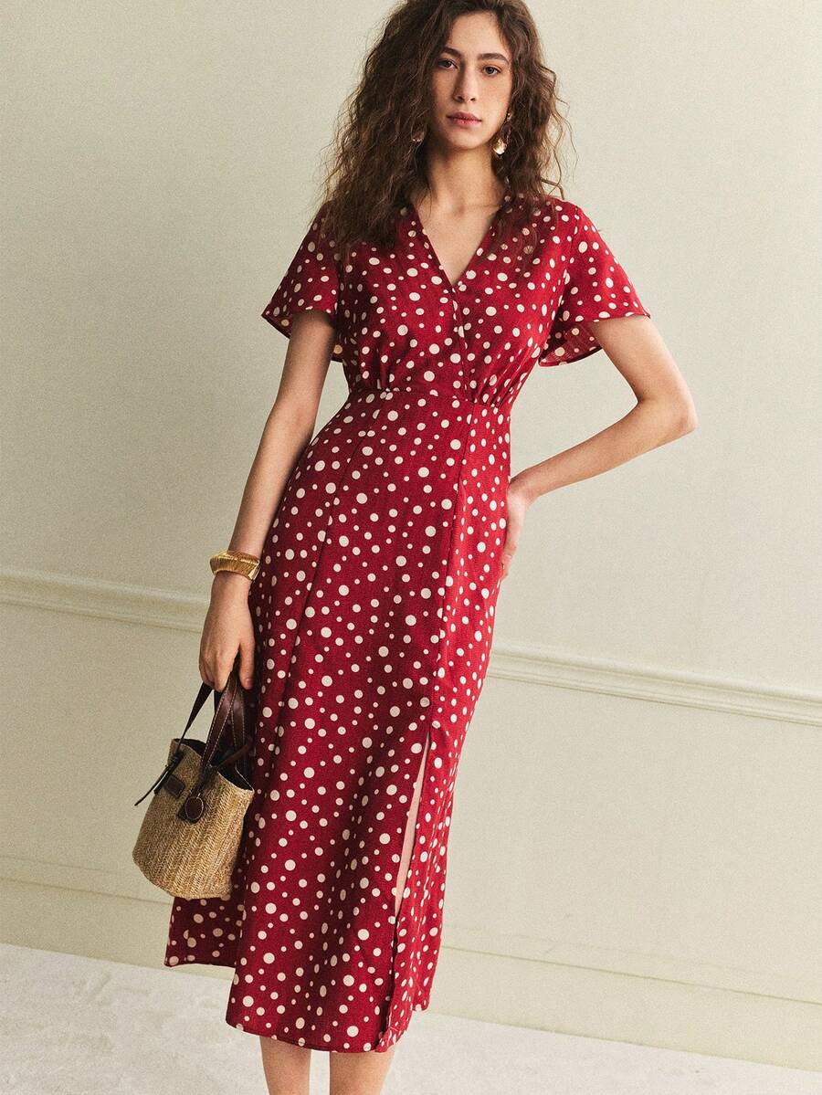 Écloséra 红色波点连衣裙，优雅女装，性感女士连衣裙，质感连衣裙，适合春夏穿着，开衩下摆女装，法式复古风连衣裙 - 紅色 - 查看 1