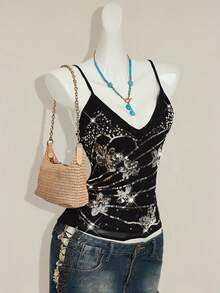 SHEIN ICON Áo hai dây nữ màu xanh dương thêu hạt cườm họa tiết hoa Y2K, vạt áo bất đối xứng, kiểu dáng ôm sát, gợi cảm, thích hợp mặc ngoài vào mùa hè. - màu đen - Xem 6