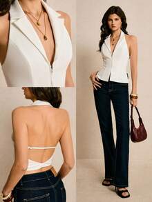 Poéselle 女士纯色露背吊带时尚百搭日常上衣 - 白色 - 查看 2