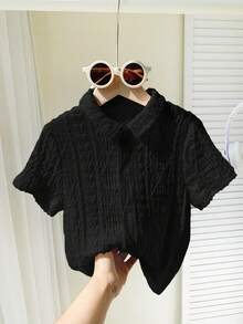 SHEIN Leap Crew 1pc Young Boys Loose Casual Turndown Collar Jacquard Short Sleeve Shirt - Black - View 6