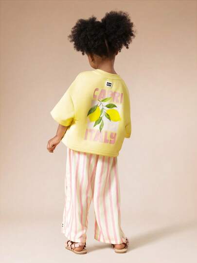 SUMWON Casual Lemon Capri Oversized T-Shirt Stripe Trouser Co-Ord Set Summer Beach Vacation Outfit Kid Girl