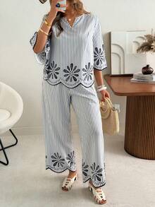 Ceyna Bộ đồ hai mảnh phong cách Boho nữ màu xanh trắng kẻ sọc, họa tiết lượn sóng, áo sơ mi cổ chữ V và quần dài. - Xanh và trắng - Xem 4