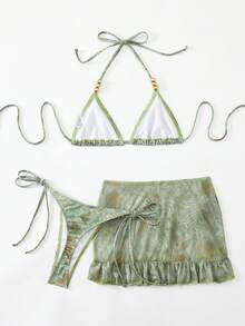 Swim SXY 3pcs Set: Tie-Dye Print Beaded Halter Top, Tie-Front Swim Bottoms, And Mini Skirt Bikini Set - Multicolor - View 4
