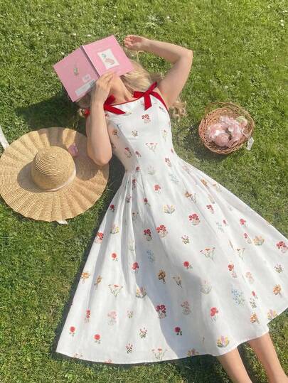 SHEIN MOD Plus Size Women Floral Print Bow Decor Round Neck Sleeveless Fashion Dress White Blend Floral Print Midi Dress Red Tie Shoulder Straps Sleeveless A Line Silhouette Vintage Style Spring Summer Garden Outdoor Casual Daywear Soft Breathable Fabric