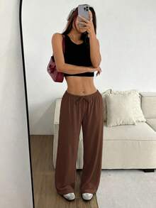 CovetEZ Quần dài nữ màu nâu dệt kim mềm mại, kiểu dáng thường ngày, thích hợp cho mùa xuân/hè. - màu nâu - Xem 4