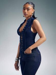 Denimoi Áo denim hở lưng buộc dây phía trước gợi cảm Áo denim trên denim thời trang - Rửa tối - Xem 4